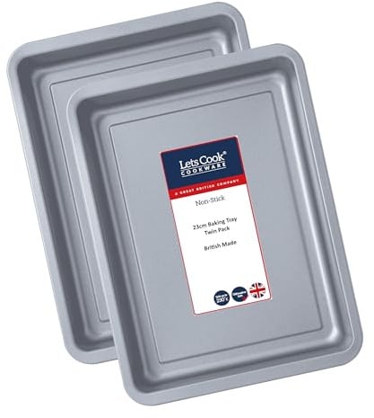 Lets Cook Cookware - 23cm Mini Baking Oven Trays, Twin Pack (Set of 2), Non Stick, Air Fryer Compatible, British Made