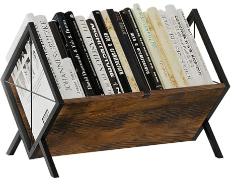 Itoyx Wood Vinyl Record Storage Rack, LP Record Storage Holder with Metal Frame, Album Organizer for Vinyls and CDs, Sturdy,15.7x8.7x12 in, Brown