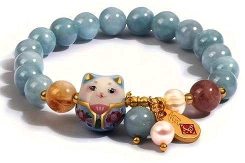 Bracelet Chat en Céramique avec Perles de Cristal Bleu – Bracelet Femme, Bijou Fantaisie Élégant, Bracelets Perles Délicat, Cadeau Raffiné pour Femme, Amie ou Sœur, Style Mignon et Moderne, 15 cm