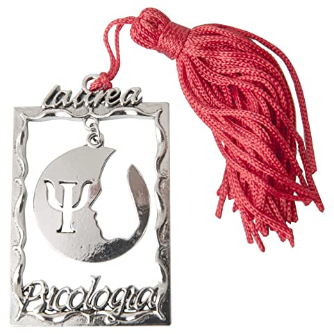 Ingrosso e Risparmio Bomboniere Laurea Pscicologia 12PZ Ciondolo Zama Medaglietta Rettangolare con Simbolo PSI e Viso Scritta Laurea Psicologia Maschio Femmina con Nappina Rossa