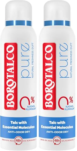 Borotalco Pure Natural - Bodyspray – 48 Stunden Wirksamkeit – Talc with Essential Molecules- Formel gegen Schweiß und Gerüche - 0% Aluminiumsalze (ACH) - 0% Alkohol (Packung mit 2)