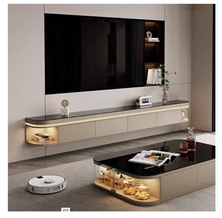 Meuble TV avec Rangement Meuble TV Flottant avec lumière LED, Meuble de Bureau en Verre, Mural Bois Minimaliste Moderne Porte Rabattable et tiroirs(200cm)