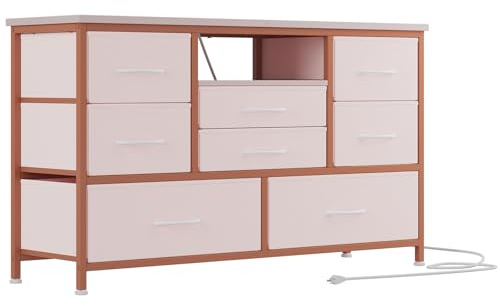 JOLLYTOP TV-Schrank mit Steckdosen, Kommode mit 8 Schubladen, 2 AC-Steckdosen & 2 USB-Anschlüssen, breiter Fernsehtisch für Wohnzimmer und Schlafzimmer(Rosa)