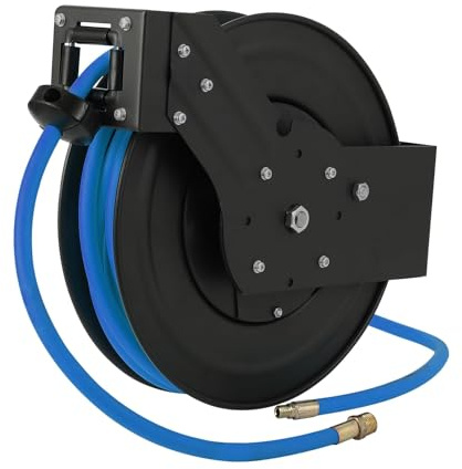Garvee Enrouleur de tuyau d’air rétractable industriel double bras – 300 PSI, montage peinture murale/plafond, rembobinage automatique – Tuyau hybride robuste pour compresseur – Spécifications : 3/8