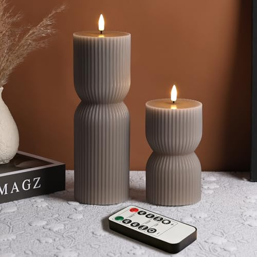 Eywamage Taupe Ribbed Flameless LED Pillar Candles with Remote Set of 2