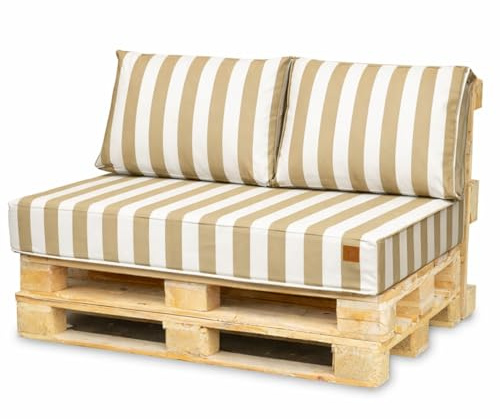 Bielik Palettenkissen Set für Palettenmöbel 120 x 80, Wasserdicht Europaletten Sitzkissen Made in EU, Palettensofa Outdoor Komplett in Farbe: (Beigefarbene Streifen, Sitz 120x80+2 Kissen 60x40)