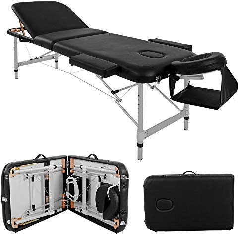 BTM Portable Massage Bed Table, Couch Bed Aluminium Deluxe Lightweight Professional Beauty Tattoo Spa Reiki Folded 3 Section with PU Leather and Density Headrest Arm support,with Carry Bag (Black)
