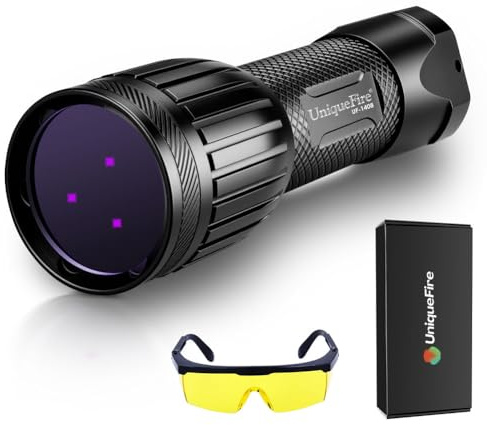 UniqueFire 1408 365nm uv Flashlight Light Powerful 3 LEDs Black Light for Pet Urine Detection Counterfeit Money, Jade, Yooperlite Flashlight (Battery not Included)