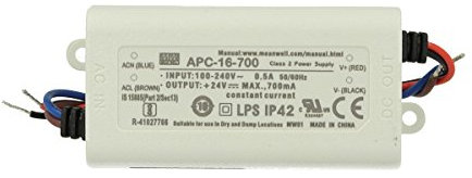 Led Driver CC MeanWell APC-16-700 Trasformatore 700mA 9V-24V DC 16W Corrente Costante IP42