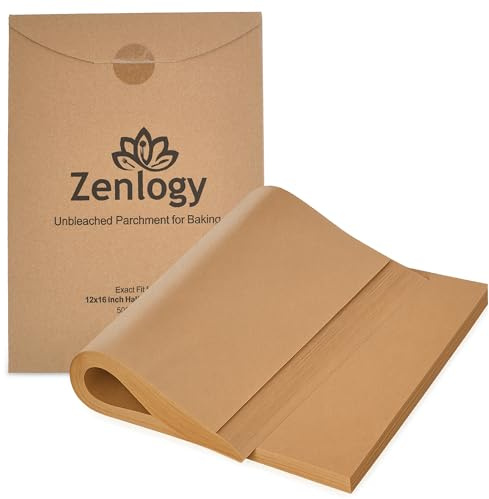 Zenlogy Pergamentpapierbögen 30,5 x 40,6 cm (500 Blatt) zum Backen, ungebleicht, chlorfrei, hohe Hitze, antihaftbeschichtet, vorgeschnittenes Pergamentpapier für halbe Blechpfannen