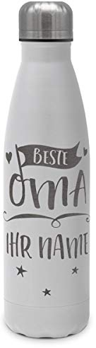 printplanet - Isolierte Trinkflasche mit Text oder Namen graviert - Edelstahl Thermo-Flasche mit Gravur, 500ml - Weiß - Motiv: Beste Oma