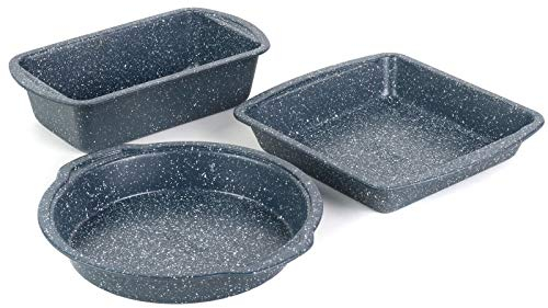 Russell Hobbs COMBO-5438 Non-Stick 3 Piece Bakeware Set, Round and Square Baking Tin and Loaf Pan, Easy Clean, Ideal for Cakes, Pies, and Bread, Oven Safe up to 220°C, Nightfall Stone, Carbon Steel