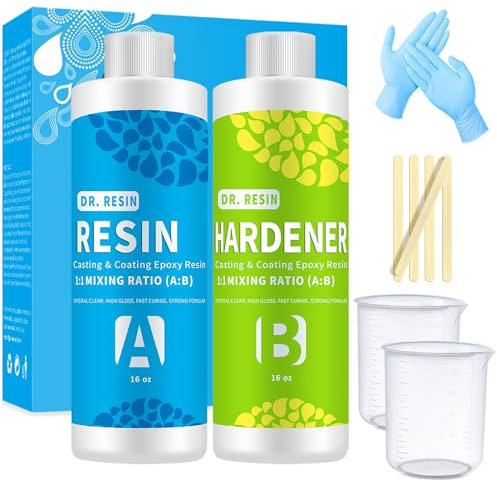 Crystal Clear Epoxy Resin Kit - DR. RESIN 32oz/946ml Resin Kits for Beginners, food safe epoxy resin for DIY, Jewelry Making, Tumbler, River Table Tops with Measuring Cups Sticks and Glove
