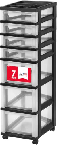 Iris USA Organizer mit Schublade aus Kunststoff, Rollwagen mit Rollen, 7 Schubladen, für Klassenzimmer, Kunsthandwerk, Kommode, Schrank, Badezimmer, Waschküche, Schwarz/Transparent
