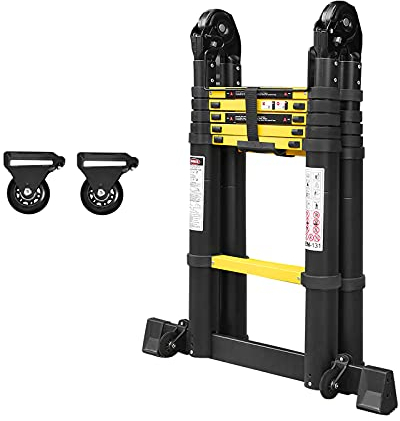 LZQ Klappleiter Anlegeleiter Teleskopleiter Ausziehleiter Alu Teleskop-Design Mehrzweckleiter, 12 Sprossen - 87cm bis 3,8m Anlegeleiter, 150 kg Belastbarkeit (Gelb-Schwarz Faltbar 1,9+1,9m)