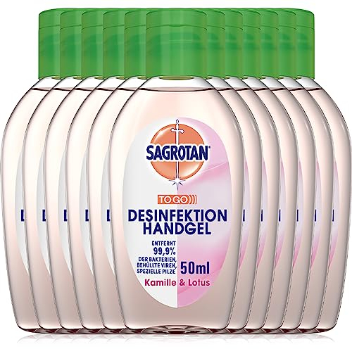 Sagrotan Hand-Desinfektionsgel Kamille & Lotus Desinfektionsmittel für die Hände in handlicher Reisegröße – 12 x 50 ml antibakterielles Gel