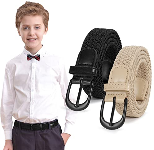 SUOSDEY 2 Stück gewebter elastischer Kindergürtel für Jungen Mädchen, 2.5 cm breite schwarz beige