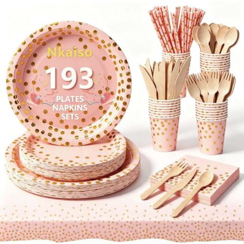 Nkaiso 193 Pcs Pink Gold Paper Plates and Napkins Set for 24 Guests | Party Tableware Supplies Set with Paper Plates Napkins Cups Straws for Wedding Shower Engagement Wedding Birthday