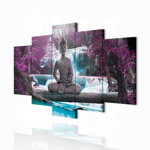 decomonkey - Impression sur Toile Bouddha 150x75 5 Pièces - Tableau Décoration Appartement Cadre en Bois Déco Salon Peinture sur Toile Bouddha nature orienter cascade arbres forêt rivière paysage