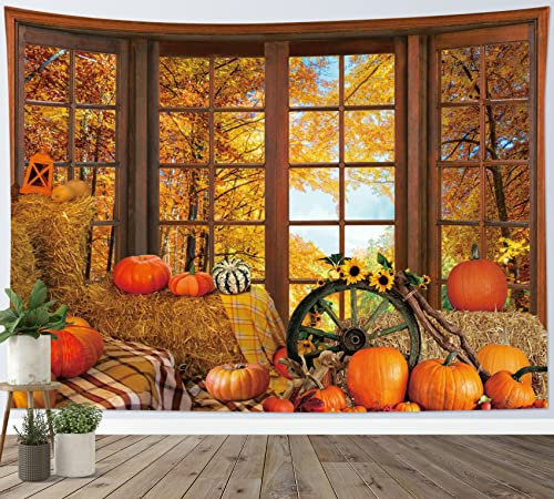 MEUNEAR Herbstwald Wandteppich Thanksgiving Kürbisse Sonnenblume Ahornblätter Herbst Tapisserie Wandbehang für Schlafzimmer Herbst Baum Natur Landschaft Ästhetische Wandteppiche Wohnzimmer Wohnheim