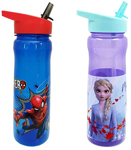 MARVEL 1325 1698 Spider-Man Hero Reusable Water Bottle, Blue and red, 600ml & Disney Frozen Water Bottle – Reusable Kids 600ml PP – in Purple – Official Merchandise by Polar Gear, Multi Colour