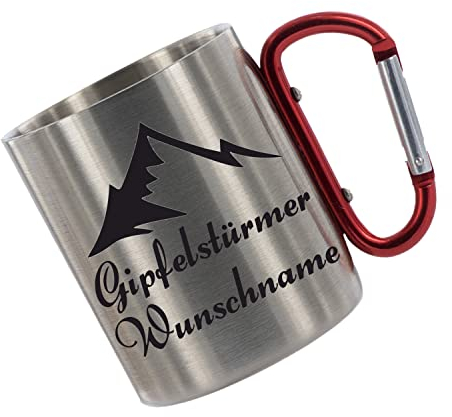 Crealuxe Edelstahltasse mit Karabiner personalisiert – Gipfelstürmer (Wunsch Name) – Kaffeebecher – individuell mit Spruch, Name oder Foto – 330 ml Becher
