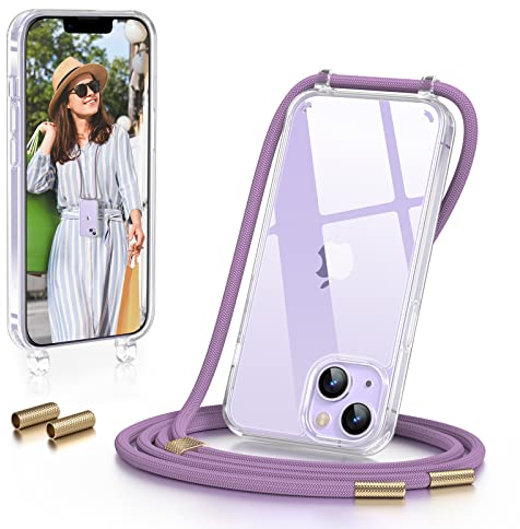GOODVISH Handykette iPhone 14 Hülle Kompatibel mit iPhone 13 Hülle, Necklace Hülle mit Band Handyhülle für zum Umhängen, Transparent Case mit Kette Kamera und Bildschirmschutz, Pink Lila