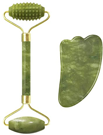 Jade Face Roller Gua Sha Gesichtsmassagegerät 100% Natürlicher Echter Stein Gouache Schaber Gesichtshautmassagewerkzeuge,Massagerollen-Set E