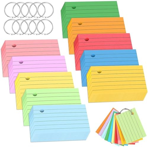 1000 Pezzi Cartoncini per Schedario con 10 Anello in Metallo Schede e 5 divisori Indice, Cartoncini a Righe Carte di Studio Memo Colorate Schede di Revisione per Vocabolario, Formule,Appunti
