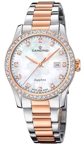 Candino Swiss Damenuhr Analog aus Edelstahl 316L Bronze | Quarzuhr, Kalender, Widerstandsfähiges Saphirglas, Wasserdicht 5 ATM, C4741/1, Classic Ladies, Beiges Zifferblatt