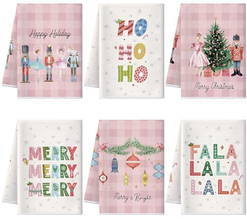 Preboun Weihnachtliche Küchentücher, Nussknacker-Baum, Weihnachtsgeschirrtücher, rosa und weiß, Büffelkariert, Handtücher, Bauernhaus, Winter, Geschirrtücher für Zuhause, Küche, Badezimmer,