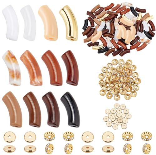 PH PandaHall 72 Stück Röhren Bambusperlen 12 Farben Gebogene Nudelschiebeperlen Acryl Röhrenperlen Mit 50 Stück Rondelle Abstandsperlen Flache Scheibenperlen Für Trendige DIY