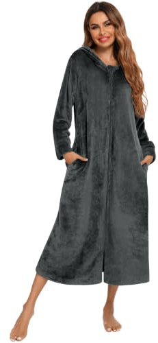 Veseacky Damen Plush Fleece Bademantel Mit Kapuze Reißverschluss Seitentaschen Lang Schlafanzug Loungewear