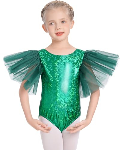 Odizli Turnanzug Mädchen Kinder Metallic Glitzer Gymnastikanzug Ballett Trikot Tanzbody Ballettanzug Eiskunstlauf Ballerina Ballettkleidung Halloween Karneval Fasching Faschingskostüme Grün 5-6 Jahre