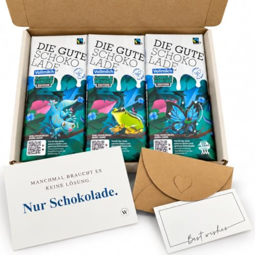 Die Gute Schokolade 3 Tafeln Geschenkset + Geschenkverpackung + Grußkarte Original Schweizer Milchschokolade Fairtrade