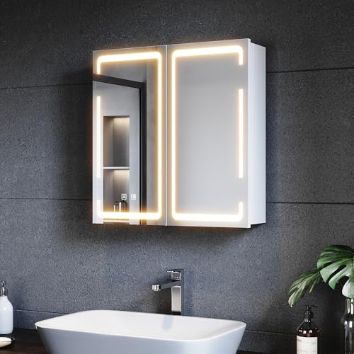 SUNXURY LED Spiegelschrank 590x600x140 mm (BxHxT) Metall Badschrank mit Spiegel und Glasregal 3 Farbtemperatur dimmbare Anti-Beschlag Spiegelschrank Bad mit LED Beleuchtung