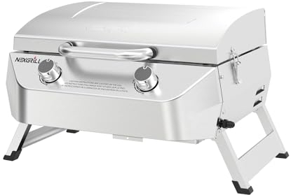 Nexgrill Stainless Steel 2-Burner Portable Gas Grill with Locking Lid, Folding Legs, 20,000 BTUs, 251 SQ In Cooking Space, Tabletop Grill for Camping, Outdoor Cooking, Patios, and More - 820-0007GE