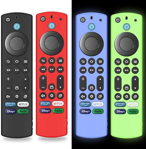 4Pack Silicone Remote Case Cover for Firestick 4K Max (2nd)/Insignia/Pioneer/Omni (QLED) Series Alexa Voice Remote Enhanced w/Lanyard, Glow in The Dark (Black+Red+Glow Blue+Glow Green)