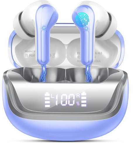 Donerton Wireless Earbuds, Bluetooth 5.4 Headphones with 4 ENC Noise Cancelling Microphone, Ear buds with HiFi Stereo Deep Bass, Bluetooth Earphones 45H Playtime LED Display, IP7 Waterproof, Violet
