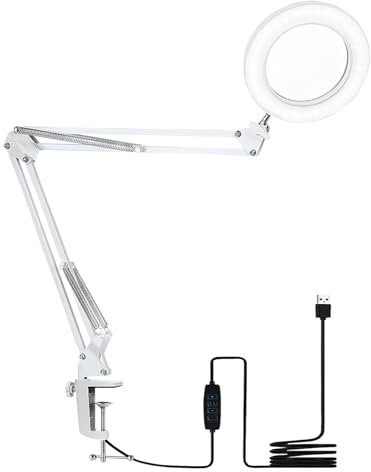 Lupe mit Licht, Lupenleuchte mit Klemme 8 und 10 Fach LED Lupenlampe 3 Farbmodi, 10 Helligkeitsstufen Dimmbar Schreibtischlampe für Hobby, Basteln, Lesen, Senioren (Weiß - 8X 10X)