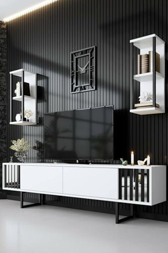 Dmora - Mobile Porta TV Ananke, Credenza da Soggiorno, Armadio Basso per TV, Base Parete attrezzata, 180x30h48 cm, Bianco e Nero