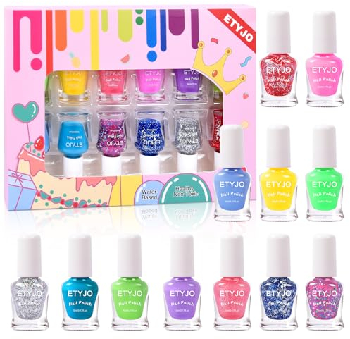ETYJO Kinder Nagellack Mädchen Ungiftig, 12 Farben Peel-Off Nagellack für Kinder, Wasserbasis Kindernagellack Schnelltrocknend Nagellack Kinder Nail Art Geschenkset