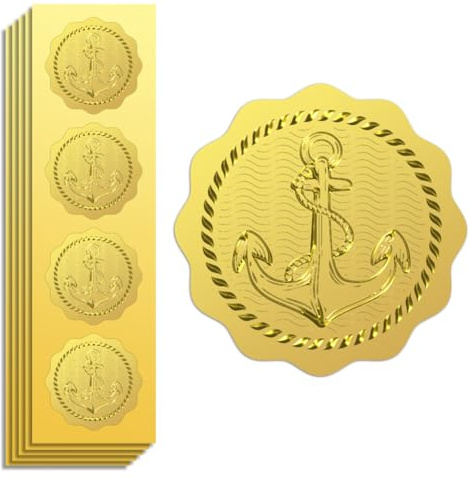 Peacoblue Goldfolien Sticker,Anker Siegel Aufkleber Gold | 100 Stück selbstklebende Prägesiegel 5cm, Elegante Aufkleber für Urkunden, Umschläge, Auszeichnungen und Belohnungen