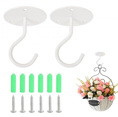2 Piezas Gancho de Techo para Colgar Plantas, Tornillo en Gancho de Techo, Cielo Raso Base Redonda Montaje Colgadores de Plantas con Tornillos, para Suspensión Linternas, Campanas de Viento, Comedero