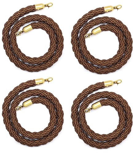 WhamtL Absperrkordel Set mit 4 Absperrseilen mit Goldenen Verschlüssen, Geflochtenes Absperrseil in Warmen Farben, Roter Teppich für Partys im Freien und Drinnen, Samtige VIP-Seile(Brown,2m/6.6ft)
