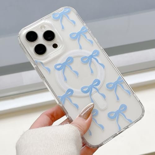 UEEBAI Magnetic for iPhone 13 Pro Case, Bow Case Compatible with MagSafe, Wireless Slim Clear Ribbon Aesthetic Phone Case Anti-Yellowing Shockproof Protective Cover for Women Girl - Baby Blue