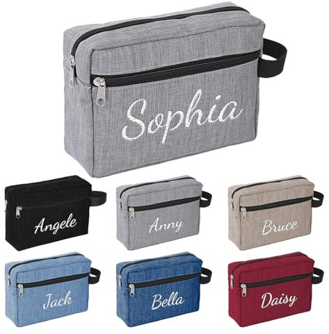 Personalisierte Kulturbeutel mit Gesticktem Namen, Herren Reise Kulturtasche zum Aufhängen, Kosmetiktasche Toiletttasche Waschbeutel Klein (Grau)