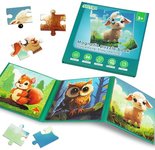SOLTIRA Magnetpuzzle ab 3 Jahren,Tiere Kinderpuzzle,41 Teile | BeschäFtigung für Kinder Alter 3-5 im Autofahrt,Flugzeug AktivitäTen,Eichhörnchen, Eule und Lamm 3-in-1 Magnetisches Puzzle
