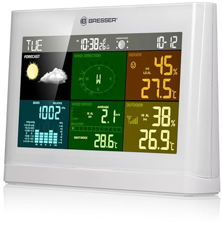Bresser Comfort Basisstation für 5 in 1 Funk Wetterstation in Weiß | Innentemperatur, Luftfeuchtigkeit, Luftdruckhistorie, Wettertrend, Regenhistorie, Frostwarnung, Mondphase, Netzteil