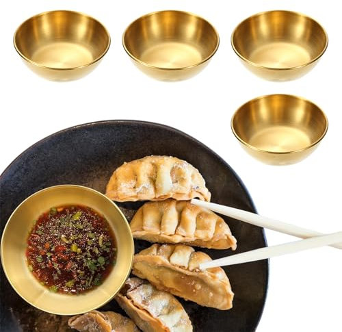 AUTUUCKEE 4 Pcs Dipping Bowls, Gold Stainless Steel Sauce Dip Bowls, Sushi Seasoning Dipping Bowl, Small Soy Sauce Dish Appetizer Plates(Gold)